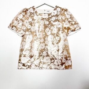J Crew Women Top Blouse Size Small Brocade Puff Sleeve While Gold Metallic